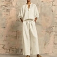 thumbnail image 5 of Women's Zipper Shirt Wide Leg Pants Two Piece Set Loose Half Sleeved Shirt Straight Leg Pants Summer Set Beige S(S), 5 of 7