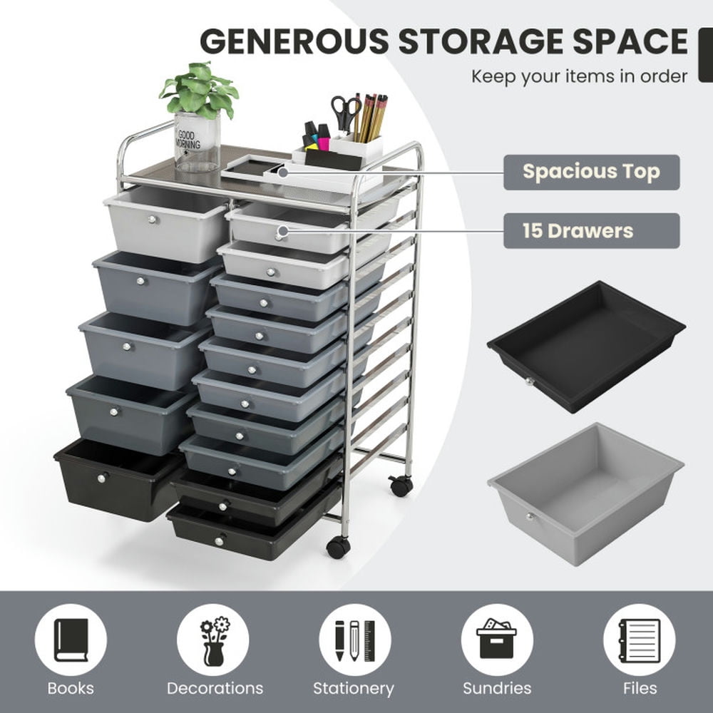 Resenkos Filing Cabinet Office Drawers, Office Storage Cabinet,15-Drawer Utility Rolling Organizer Cart Multi-Use Storage-Black & Gray