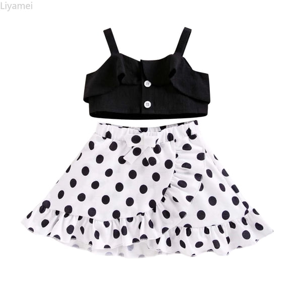 Liyamei Girls Summer Outfits 2 Piece Set Fashion Sleeveless Button Top With Polka Dot Skirt Toddler Kids Casual Playwear Girls Casual Sets Size Black 6-9 Months