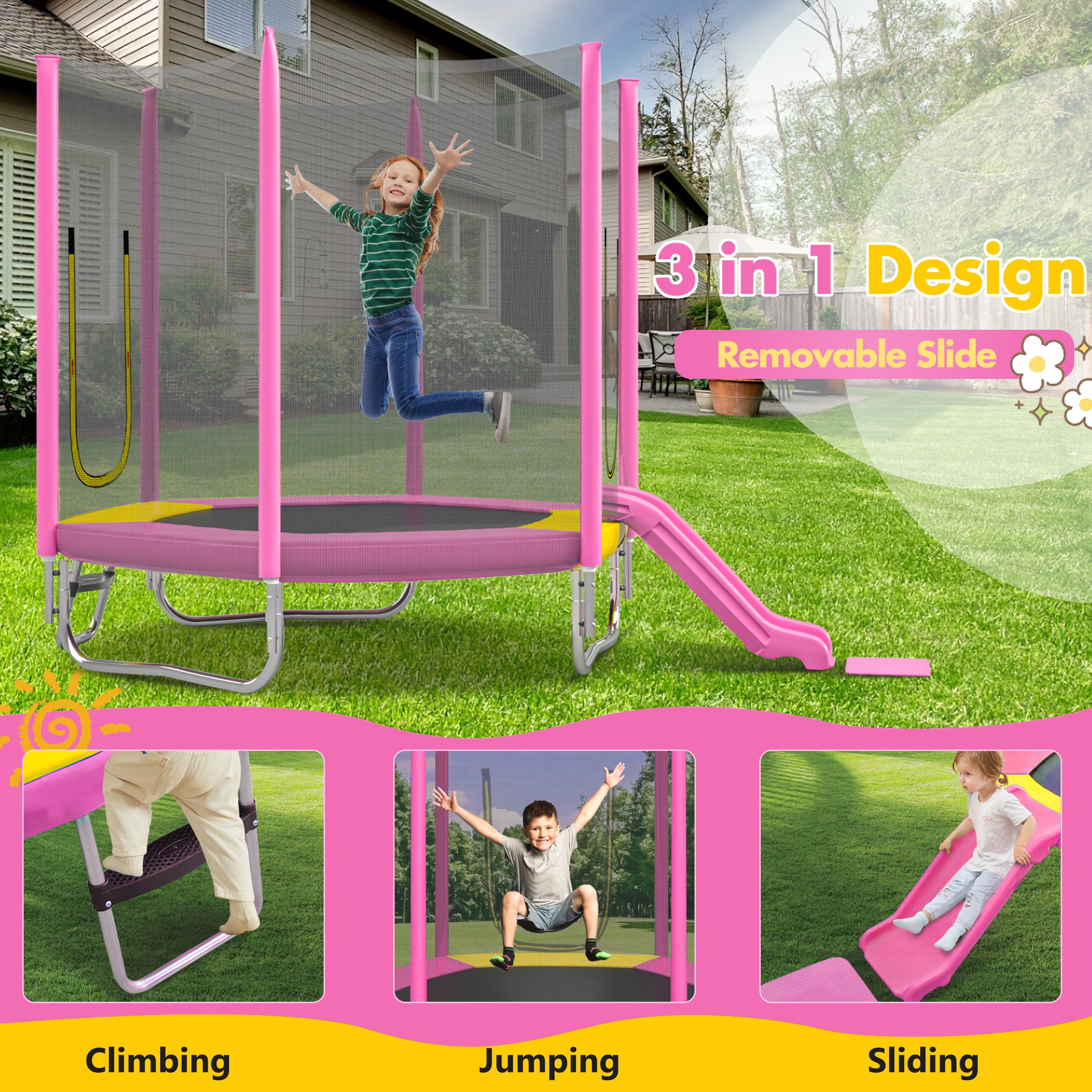 EUROCO 7FT Trampoline with Removable Slide, Kids Indoor Outdoor Trampoline with Enclosure Net and Ladder, Pink