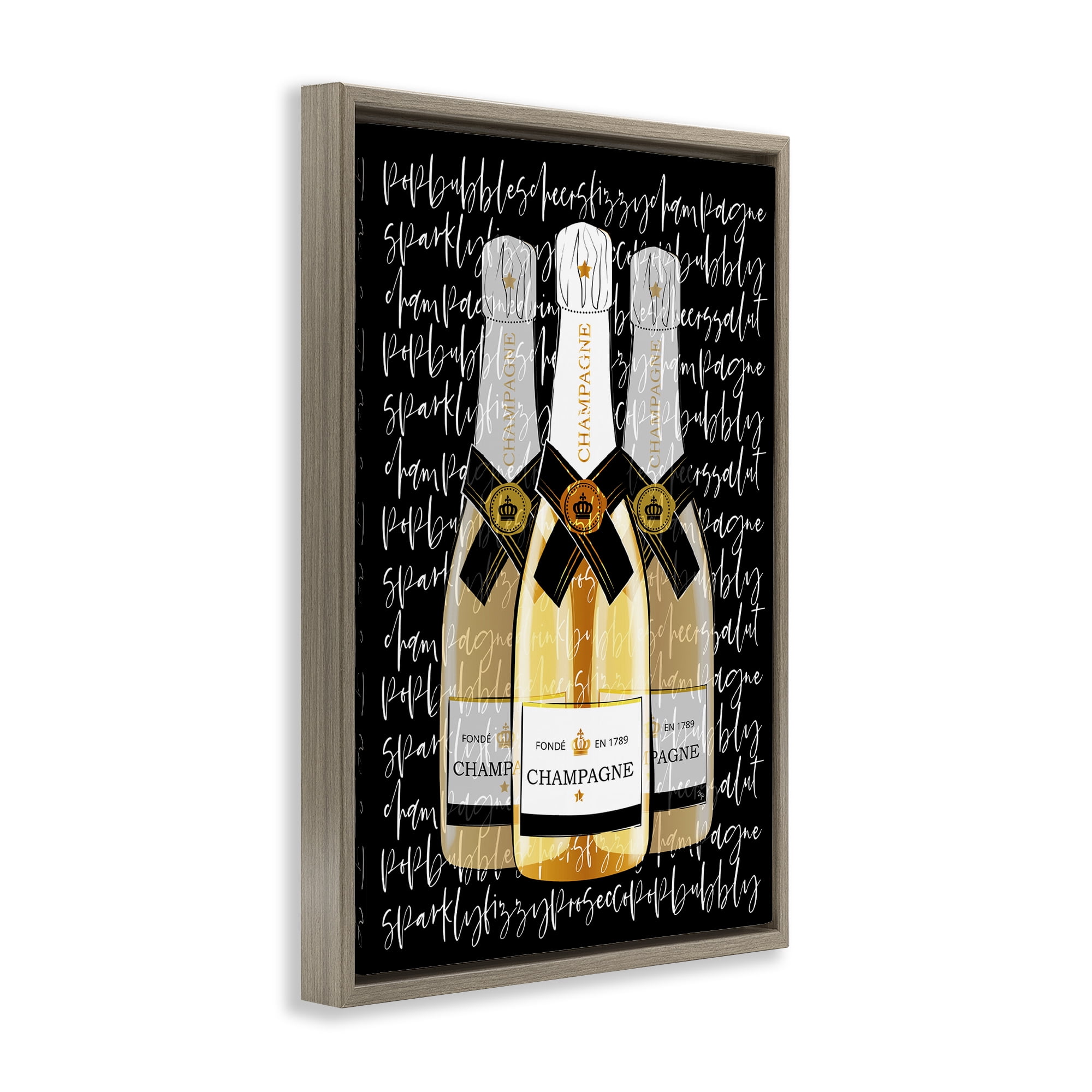 Stupell Industries Triple Champagne Bottle Love Brown Framed Floater Canvas Wall Art, design by Martina Pavlova