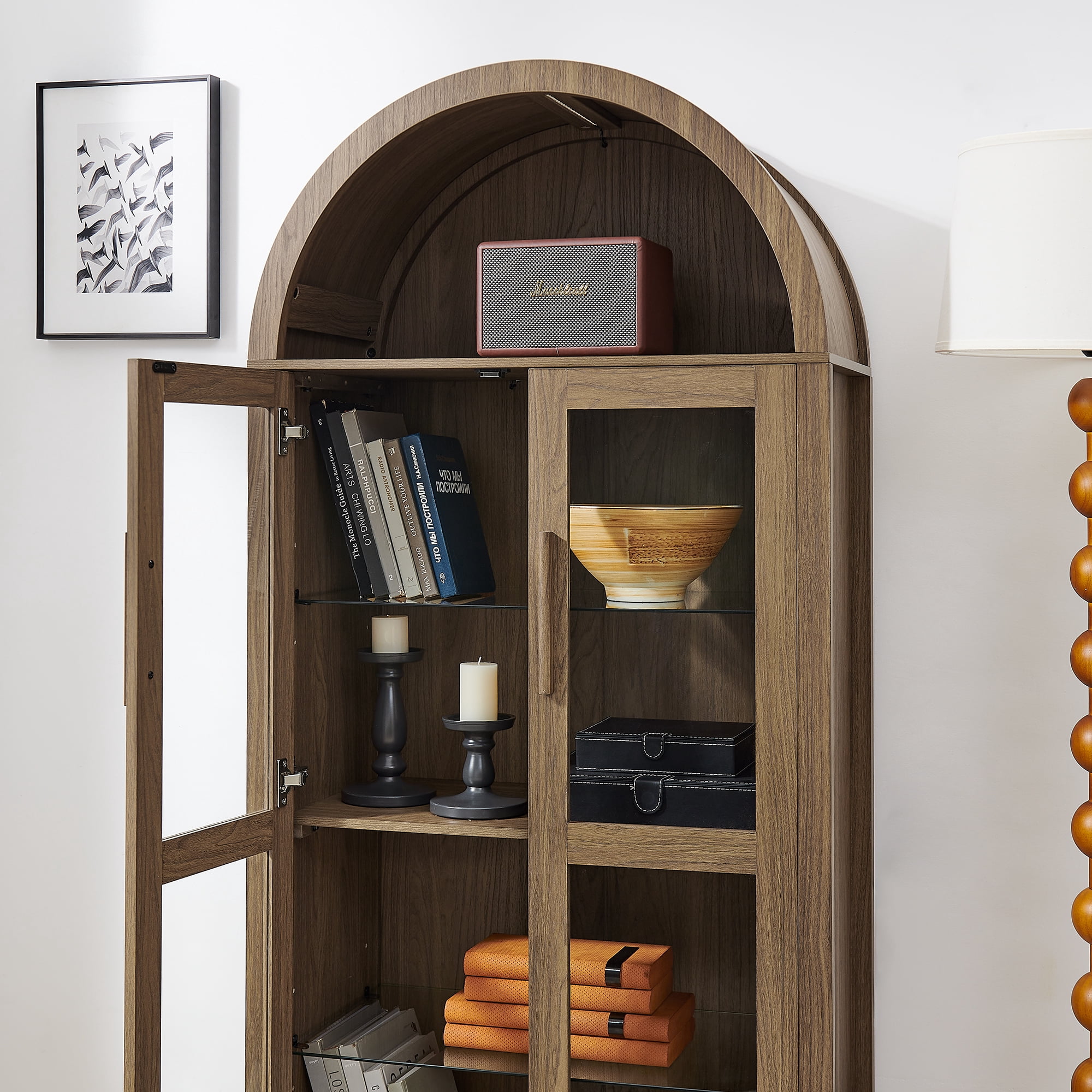 Firmoz 67" Arched Pantry Cabinet with Glass Doors, Bookcase with Lamp, Display Storage Shelf for Living Room, Kitchen Walnut