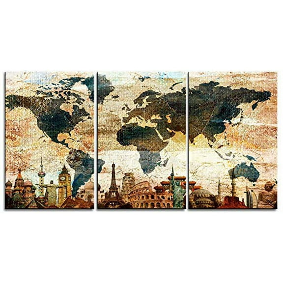 Original by BoxColors Large 30"x 60" 3 Panels 30x20 Ea Art Canvas Print Original Wonders world Map Texture Rustic Wall decor Home interior (Included framed 1.5" depth)