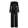 thumbnail image 4 of Women's 2 Piece Matching Lounge Set Long Sleeve Side Ruching Top Wide Leg Drawstring Pants Set with Pockets Black L, 4 of 6