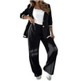 thumbnail image 2 of Roncen Women's Ribbed Trim Suit Set - Solid Color Contrast Office Wear with Casual Blazer & Trousers Two-Piece Set for Spring/Fall, 2 of 8