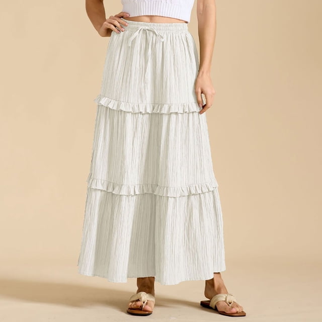 FcBaudy Jupes pour Femmes, Robes Midi pour Femmes, Robes d'Été pour Femmes Robe d'Été Décontractée pour Femmes Mode Couleur Unie Plissée à Cordon Taille Élastique Jupe Femme Robe en Polyester