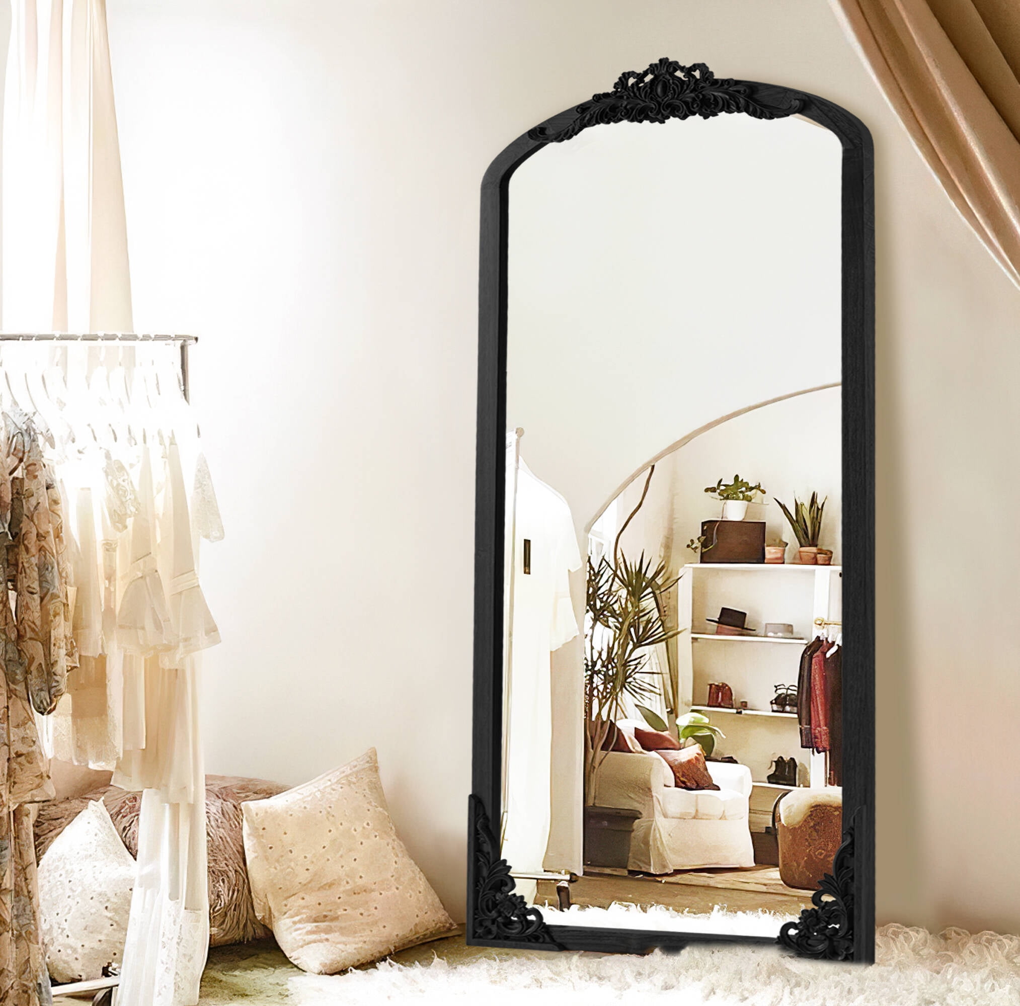 Neutypechic Wooden Arch Full Length Floor Body Mirror, Long Wall Hanging Frame, 30"x 70", Black