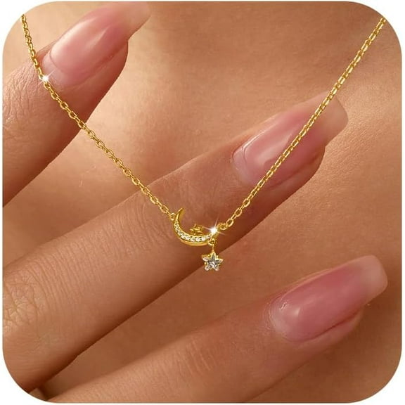 Moon and Star Necklaces for Women Dainty 925 Sterling Silver Moon Pendant Chain 14K Gold Plated Cute Star CZ Charm Necklace Jewish Birthday Wedding Christmas Halloween Gifts Jewelry for Her