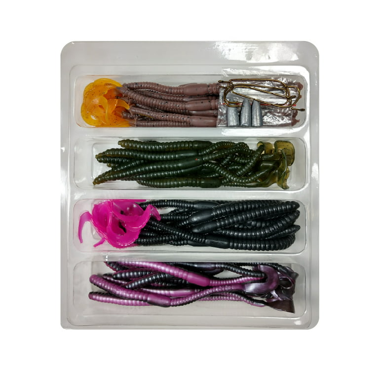 Luck-E-Strike, Assorted Curtail Worm Soft Plastics Kit, 47count, Bass,  Freshwater, Soft Baits 