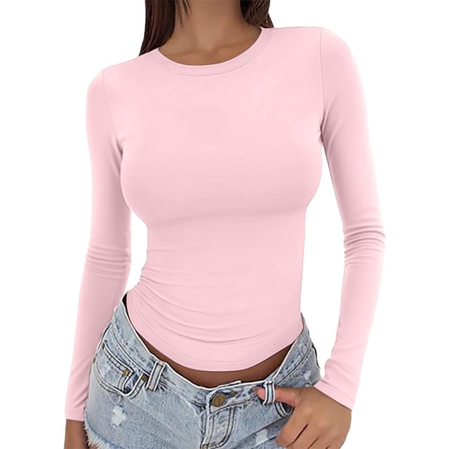 ManxiVoo Chandail Femme à Manches Longues Col Rond Ajusté Basique pour Extérieur Sport Haut Confort Extensible Ajustement Flexible Taille TG Rouge