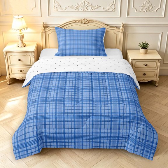 Manfei Geometric Check Twin Comforter Sets,Classic Plaid Bedding Set,Navy,Reversible,2 Pieces,1 Comforter and 1 Pillowcase,2 Pieces,1 Comforter and 1 Pillowcase