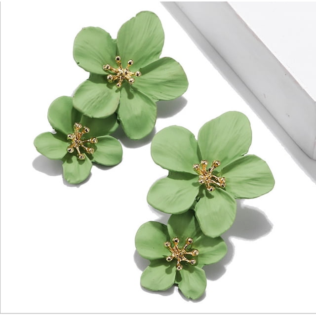 Pendientes verdes japoneses y coreanos, pendientes creativos de flores dulces, pendientes de perlas de flores con pintura en aerosol a la moda Rojo Verde
