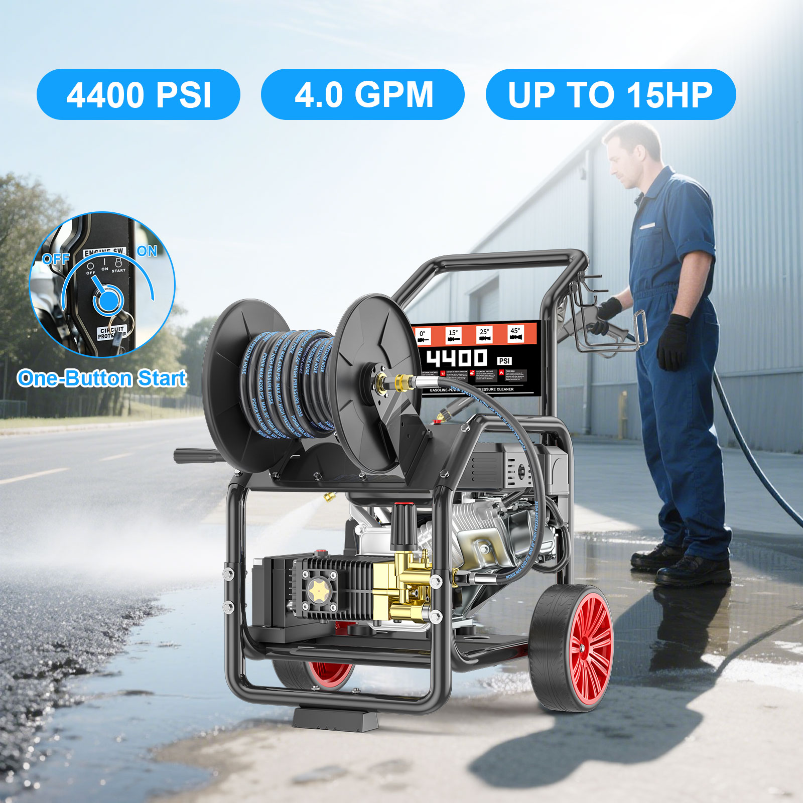 POHIR 4400psi Gas Pressure Washer, 4.5 gpm 15HP 420CC One-Button Electric Start, 50ft 3/8 inch Hose Reel, Spray Gun, 5 Quick Connect Nozzles