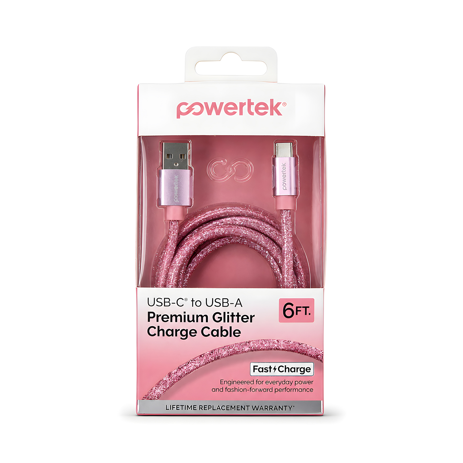 Liquipel Powertek USB-A to USB-C Cable, 6 Feet, Pink Glitter photo 5