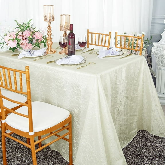Wedding Linens Inc. 90"x156" Rectangular Seamless Crushed Crinkle Taffeta Crinkle Tablecloth - Ivory