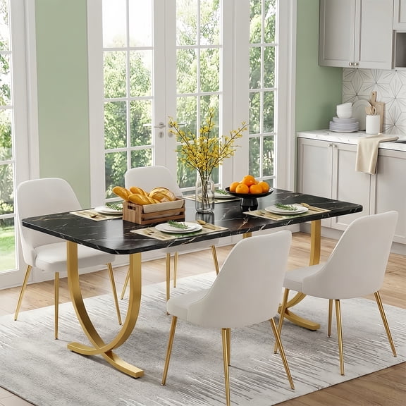 63" Modern Faux Marble Dining Table, Multi-Functional Kitchen Table With Sturdy Metal Base & Waterproof Top