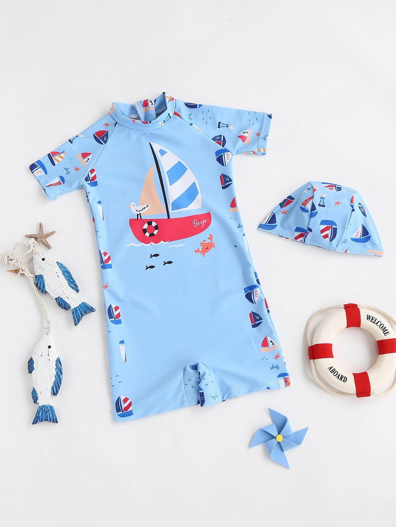 Breathable And Cozy Soft Multicolor Toddler Boys Cartoon Graphic Zip Back One Piece Swimsuit With Swim Cap Ld 90 1 2y Walmart Com