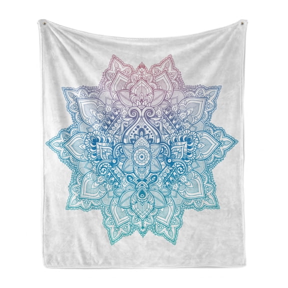 Lotus Soft Flannel Fleece Throw Blanket, Bohemian Tattoo Style Pastel Toned Mandala Abstract Lotus Flower Design, Cozy Plush for Indoor and Outdoor Use, 50" x 70", Lilac Pale Blue, by Ambesonne
