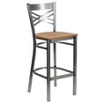 thumbnail image 3 of BizChair Silver Antique Finish with Clear Coat ''X'' Back Metal Restaurant Barstool - Natural Wood Seat, 3 of 7