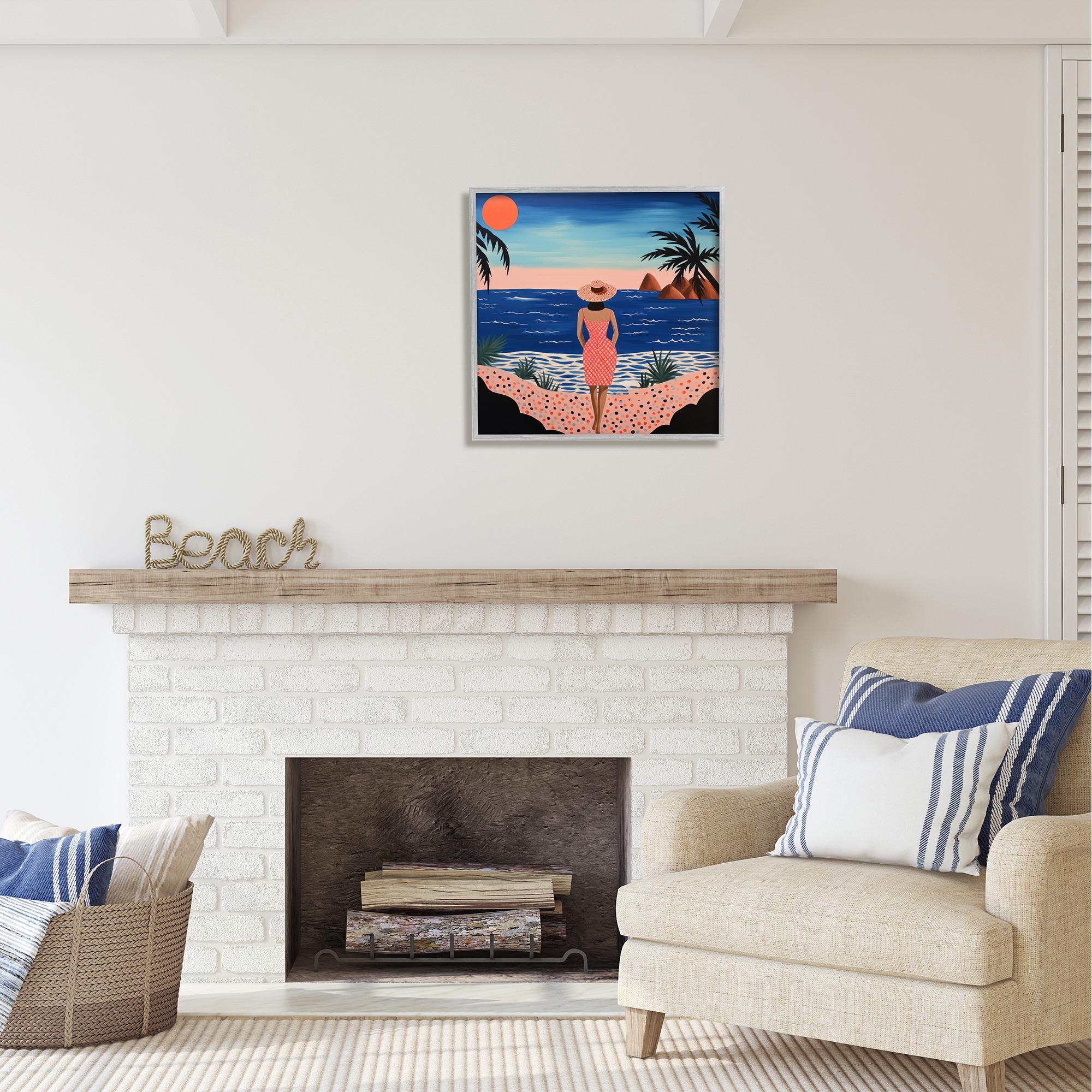 Stupell Industries Girl on Sunset Beach Landscape Painting Gray Framed Art Print Wall Art, 24 x 24