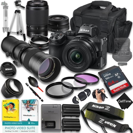 Nikon Z5 Mirrorless Camera with Z DX 16-50mm f/3.5-6.3 VR And 50-250mm f/4.5-6.3 VR & 420-800mm f/8 Lens   64 GB Memory   Extra Battery   Camera Case   More (27pc Bundle)