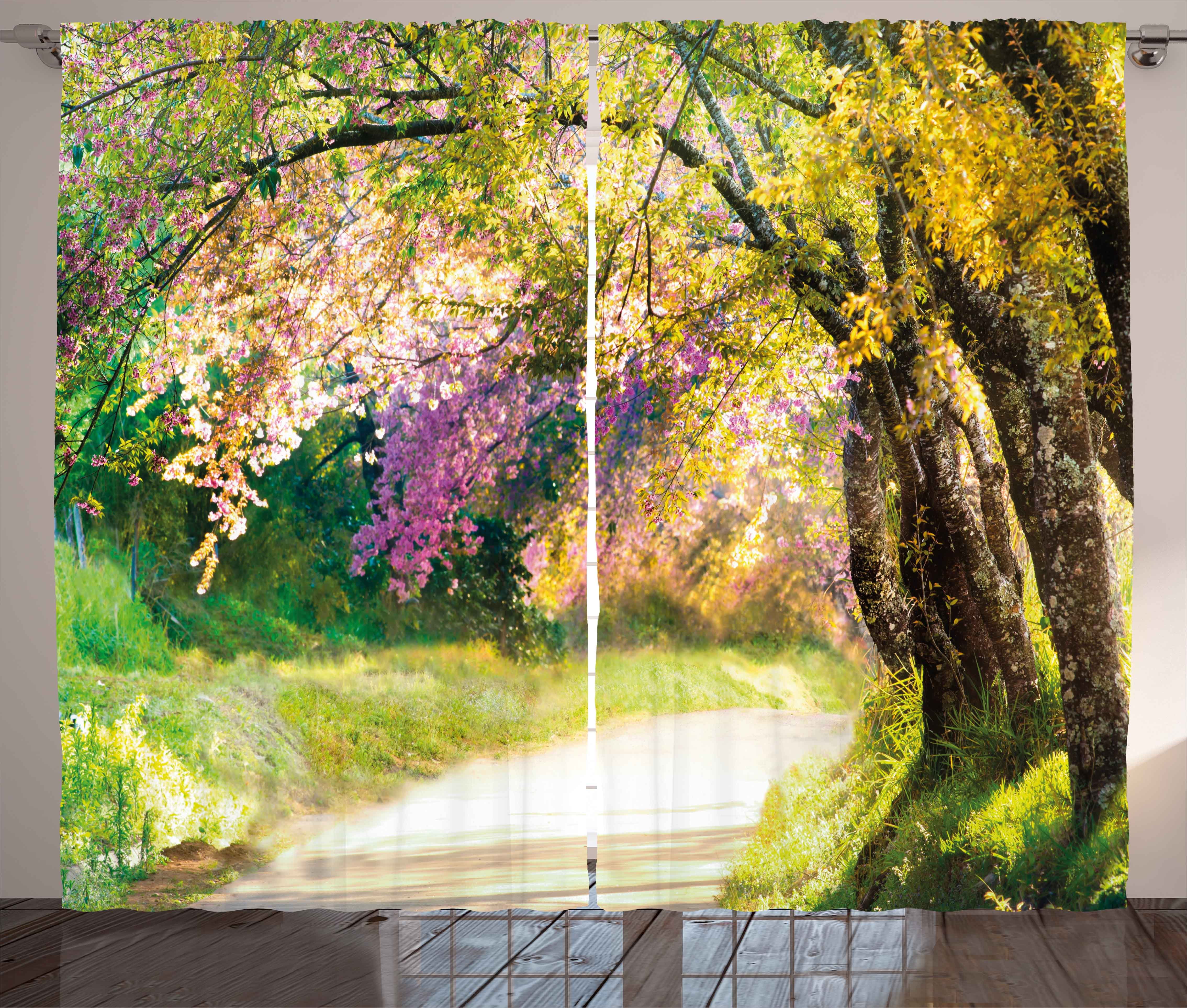 Landscape Curtains 2 Panels Set, Blurry Spring Park View with Walkway