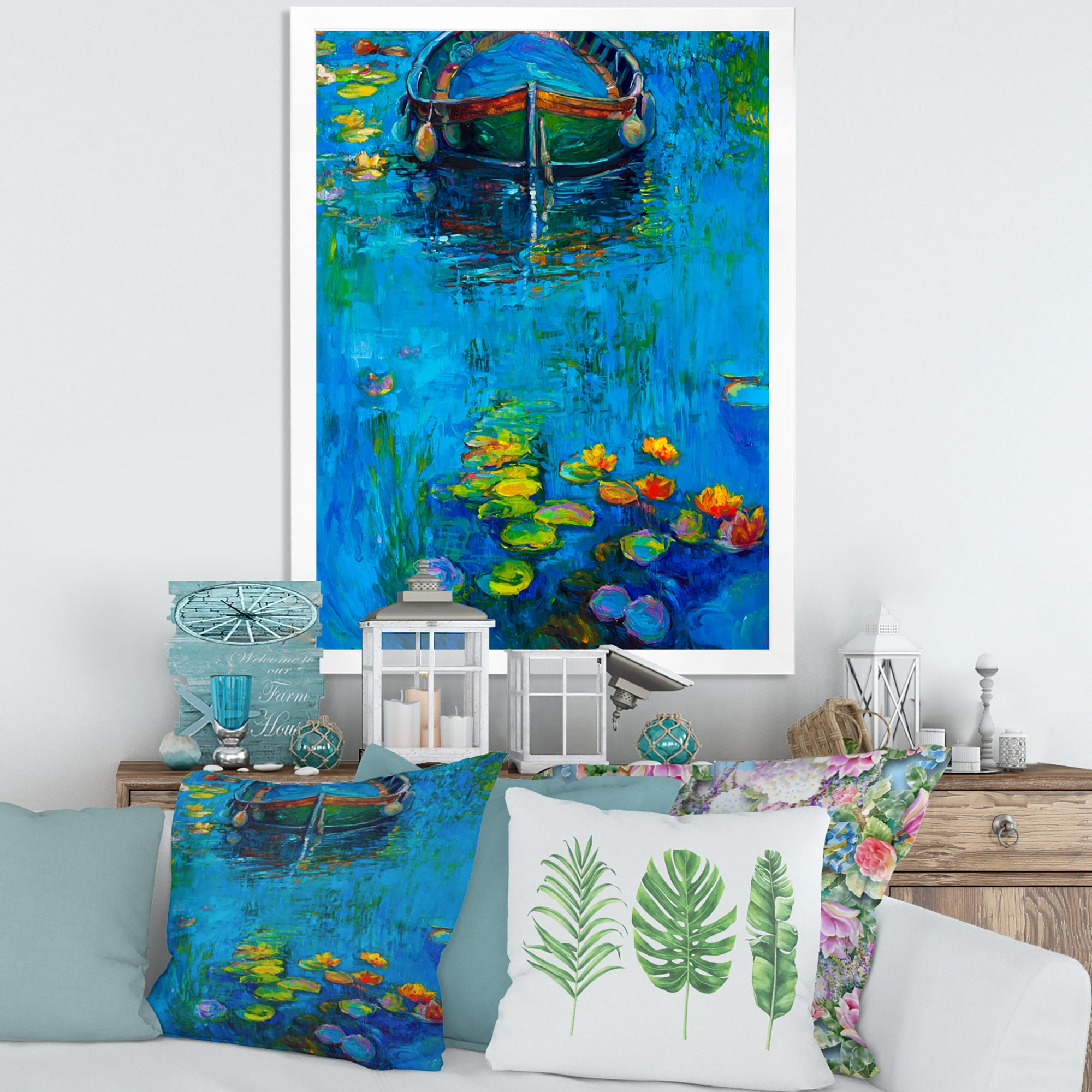 Designart 'Boat In Blue Lake' Nautical & Coastal Framed Art Print