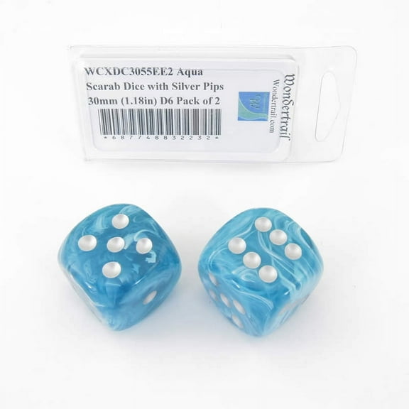 Aqua Scarab Dice with Silver Pips 30mm (1.18in) D6 Pack of 2 Wondertrail