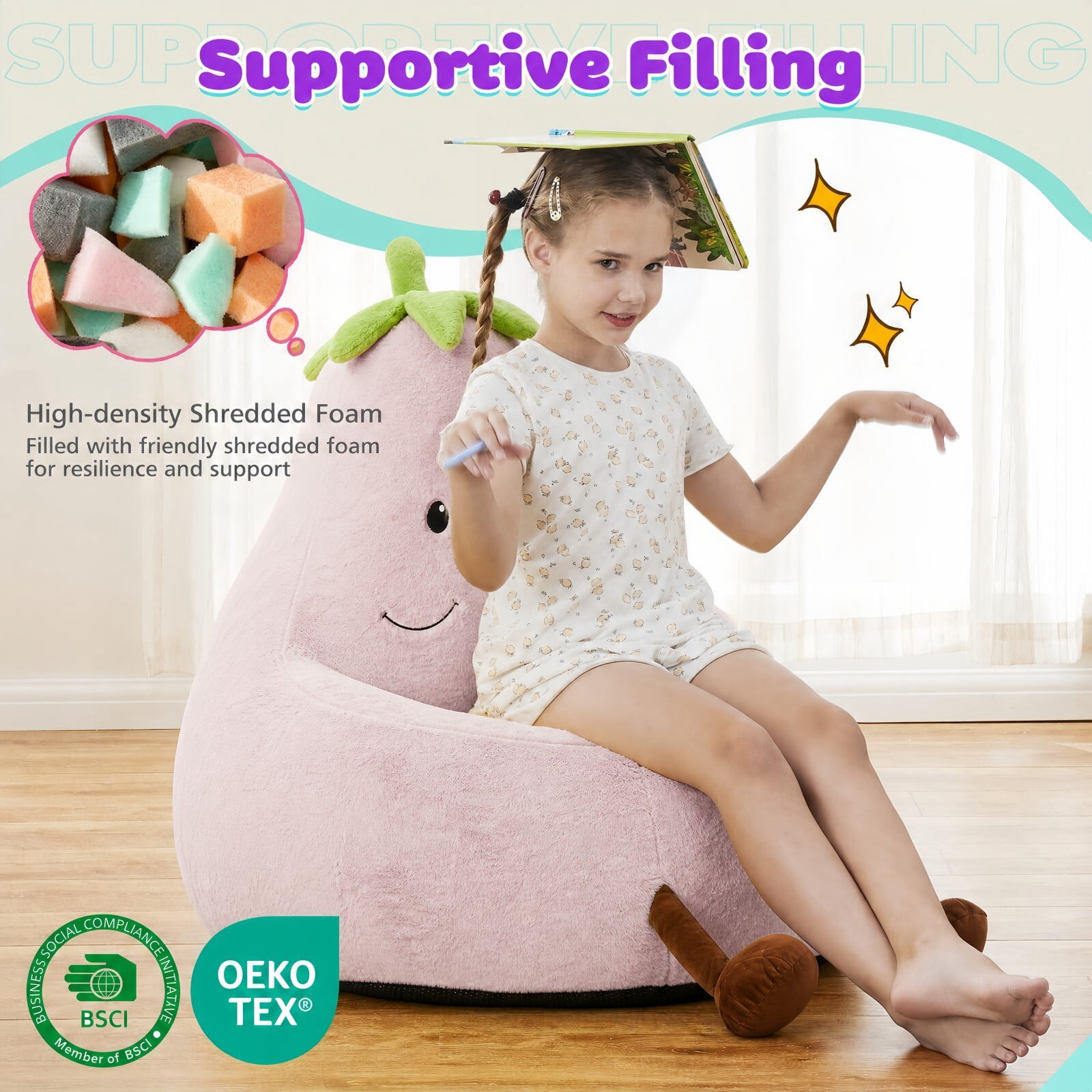 Kelno 24" Kids Bean Bag Chair Faux Rabbit Fur Lazy Chair Toddler Couch, Pink