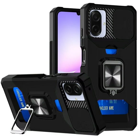 For Samsung Galaxy A07 Multi-Functional Card Magnetic Ring Stand Hybrid Camera Case Cover - Black