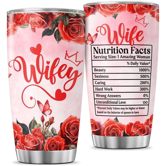 Wife Gift Tumbler for Her, Romantic Rose Design 20oz Stainless Steel Cup with Funny Nutrition Facts, Perfect Anniversary, Birthday, or Valentine Present for Amazing Women