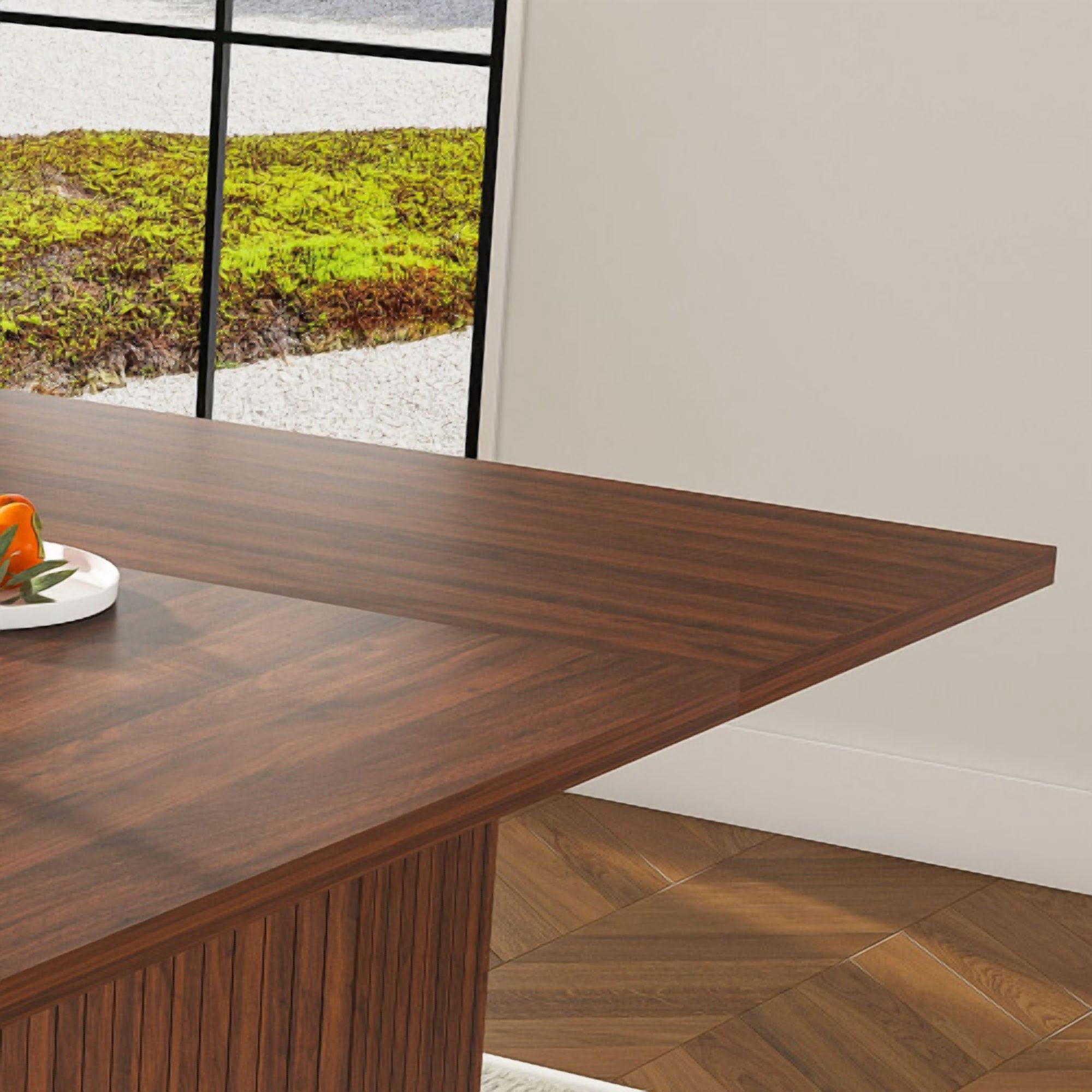 78 Inch Dining Table with Storage Base, Wood Veneer Rectangular MDF Farmhouse Table for 6, Modern Rustic Kitchen Table with Soft-Close Doors for Dining Room, Walnut