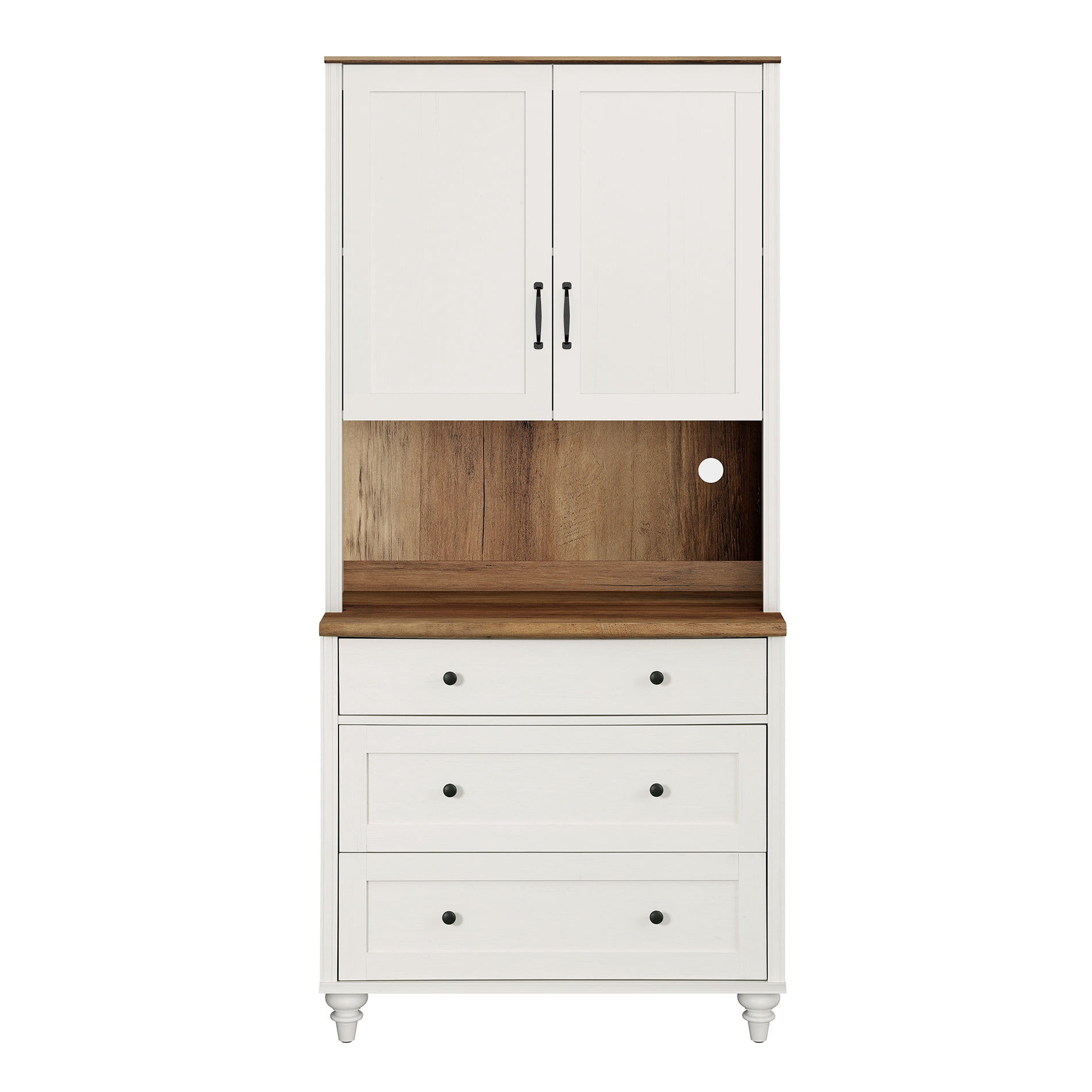 72"H × 34"W Modern Farmhouse Wooden Library Bookcase with Wood Doors & 3 Drawers, Freestanding Storage Bookshelf for Living Room, Office & Study Room, White