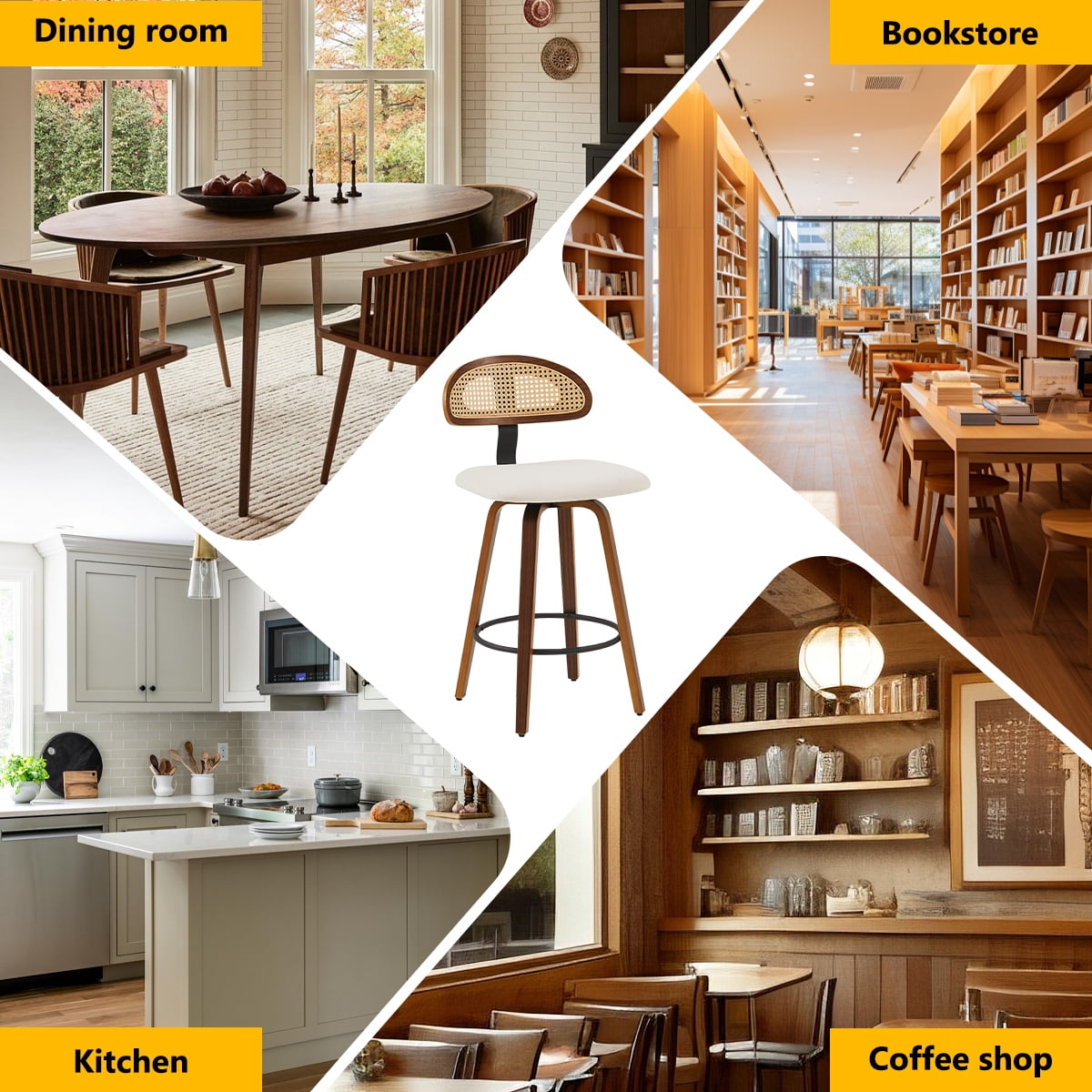 360° Swivel Rattan Bar Stools Set of 2, Counter Height Modern Kitchen Island Stools With Footrest, Uphostered Cushion, Comfortable Durable, White