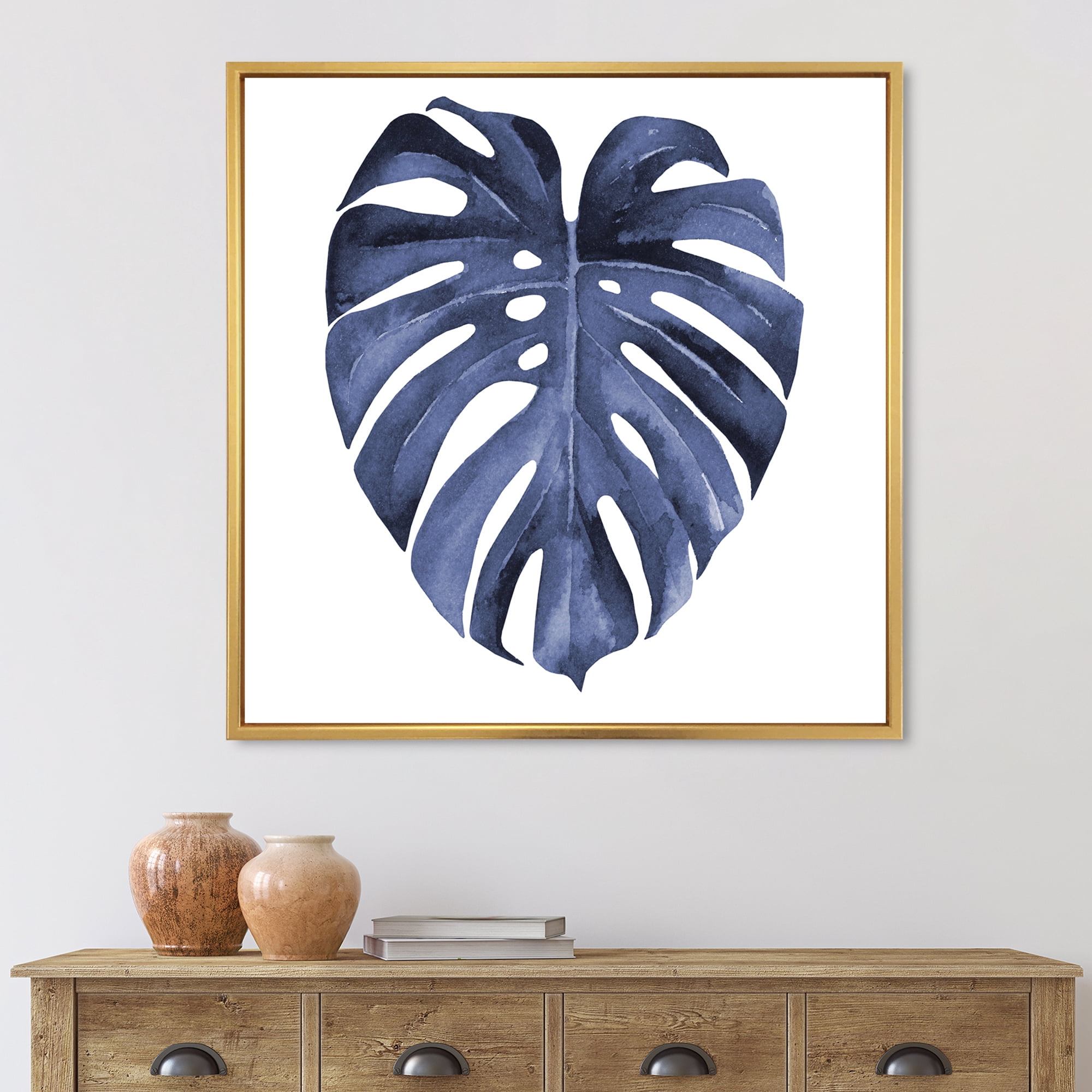 Designart 'Blue Watercolour Tropical Leaves III' Traditional Framed Canvas Wall Art Print