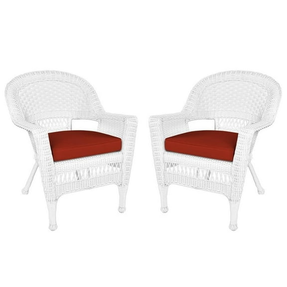 Maklaine Wicker Country/Cottage Chair in White with Red Cushion (Set of 2)