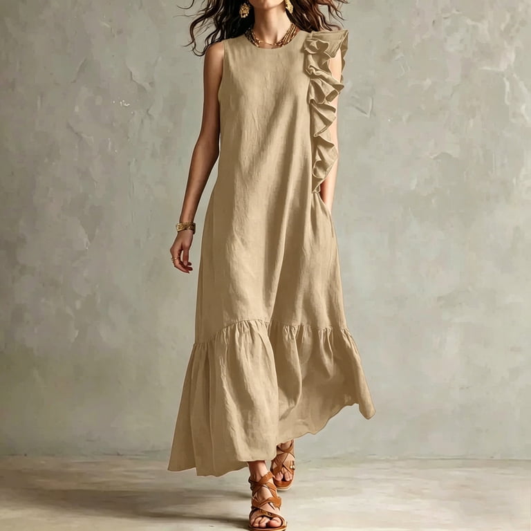 sleeveless loose maxi dress Linen Blend Sleeveless Stand-Collar Maxi Dress 5 Colors S3XL Yellow / 2XL