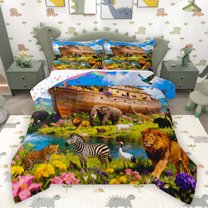 Homewish Wild Zoo Animal Queen Comforter Set,Safari Lions Elephant Bedding Sets,Colorful Flower Floral Bedding Comforter Set For Boys Kids,Microfiber Bedroom Decor Reversible,3 Pieces
