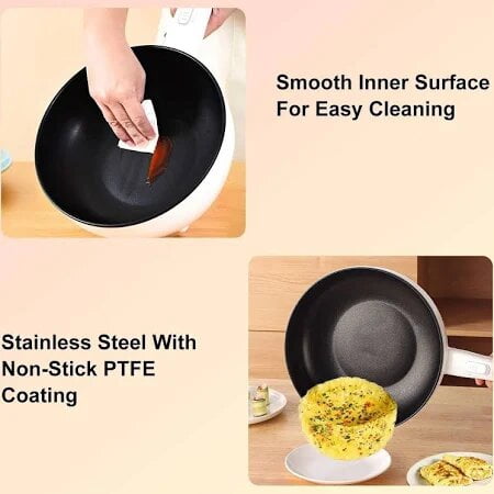 iMountek Electric Hot Pot Non-Stick Frying Pan Portable Rapid Noodles Cooker with Long Handle Steamer Spatula Dual Power Control Overheat Dry-Boil Protection