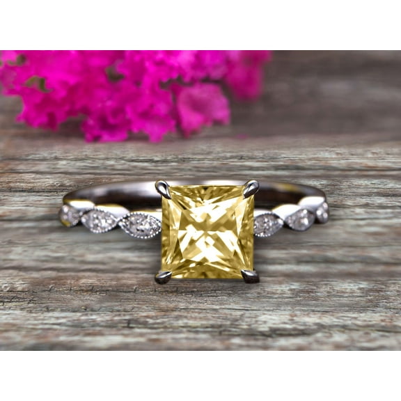 1.75 Carat Classic 6mm Princess Cut Champagne Diamond Moissanite Engagement Ring on 10k White Gold Classic Vintage Art Deco