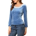 thumbnail image 4 of Allegra K Women's Vintage Velvet Top Scoop Neck Button Decor Lace Panel  Shirt, 4 of 6