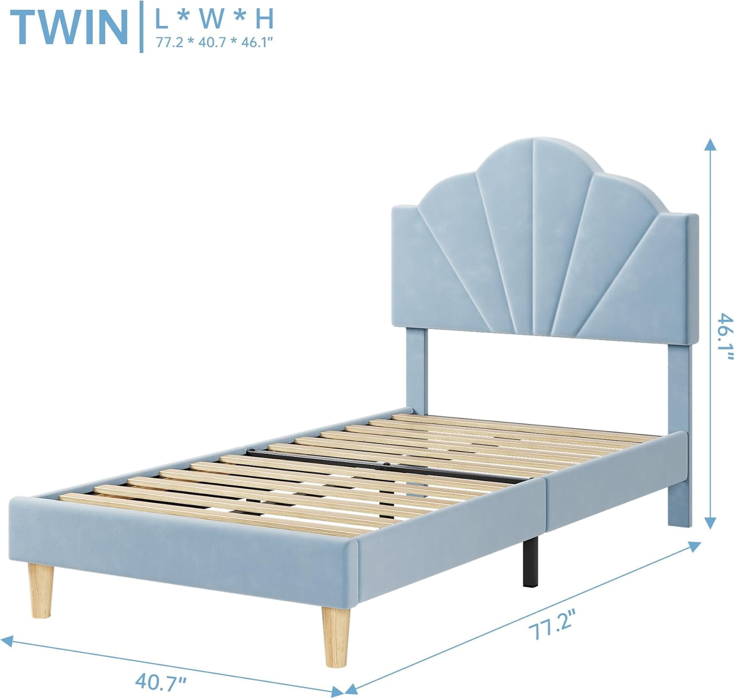 Towallmark Twin Bed Frame, Velvet Upholstered Platform Bed Frame with Height Adjustable Headboard for Boys & Girls, Wood Slat Support, Easy to Assemble, No Box Spring Needed, Light Blue