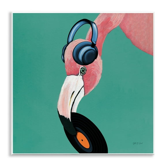 Stupell Industries Flamingo with Music Record Entertainment Painting Unframed Art Print Wall Art, 12 x 12