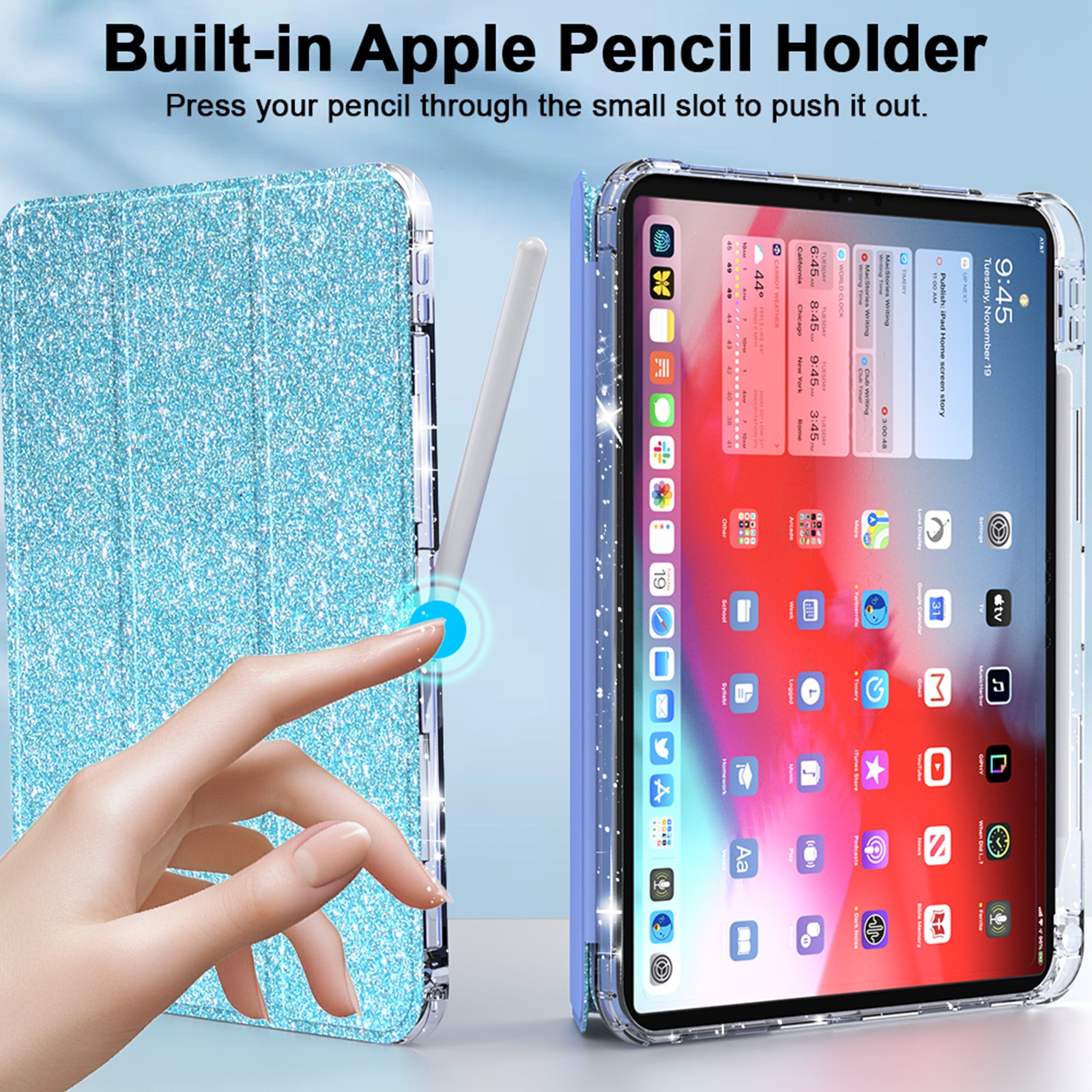 ELEHOLD Glitter Case for Apple iPad 9th/8th/7th Generation  with Pencil Holder,  Auto Sleep/Wake Magnetic Stand Cover, Sparkly Clear Back Shell with Tri-Fold Stand , Blue