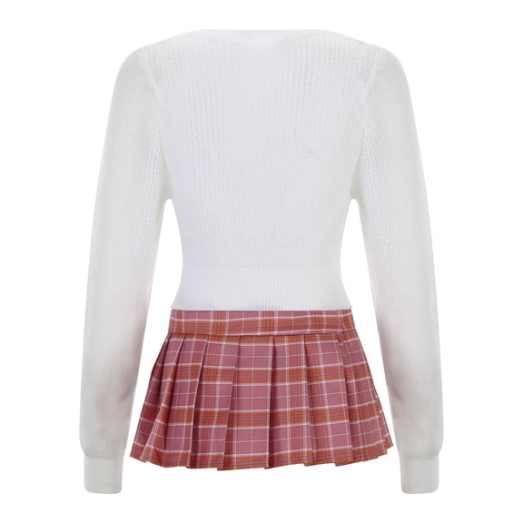 Arlun 2 Piece Jk Skirt Suits for Womens Solid Color Soft V-Neck Long Sleeve Sweater Tops and Checkered Print Pleated Short Skirts Lightweight Comfy Preppy Outfits Pink One Size