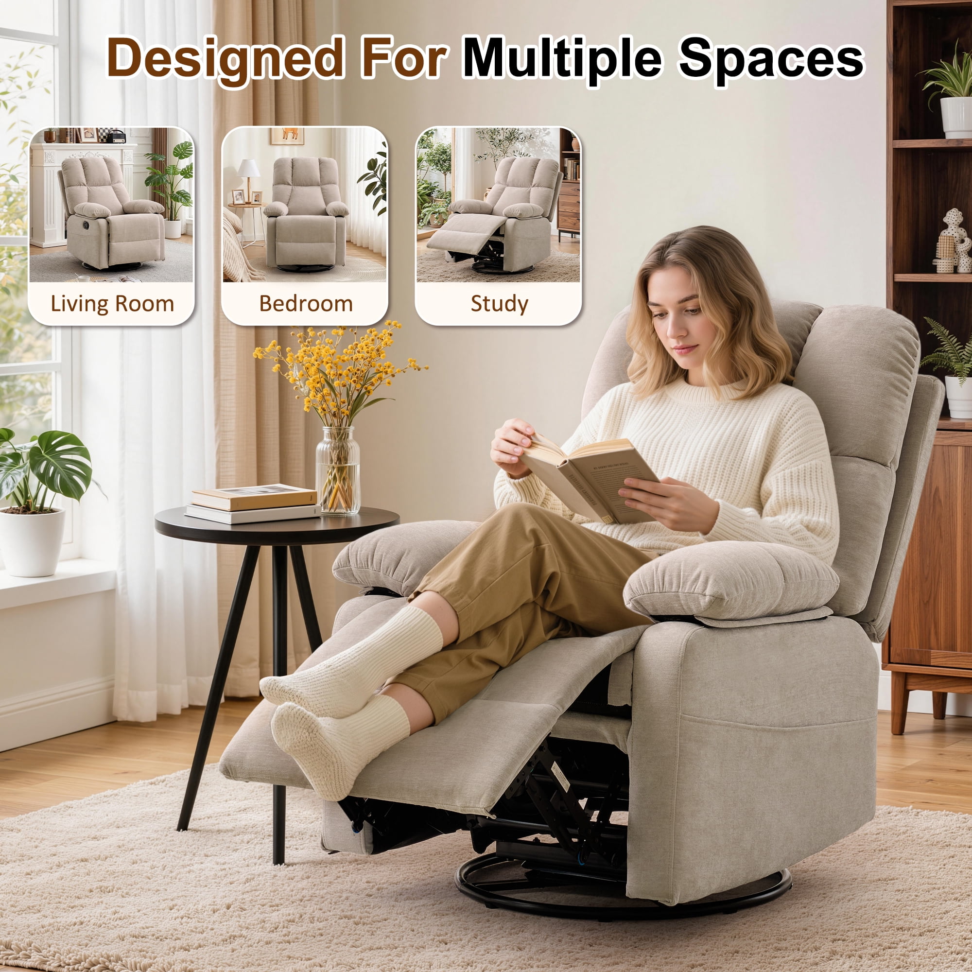 GEEYOO Swivel Rocker Recliner Chair for Adults,360°Swivel Nursery Recliner with Side Pockets,Small Recliner Chair for Small Spaces for Living Room,Linen,Khaki