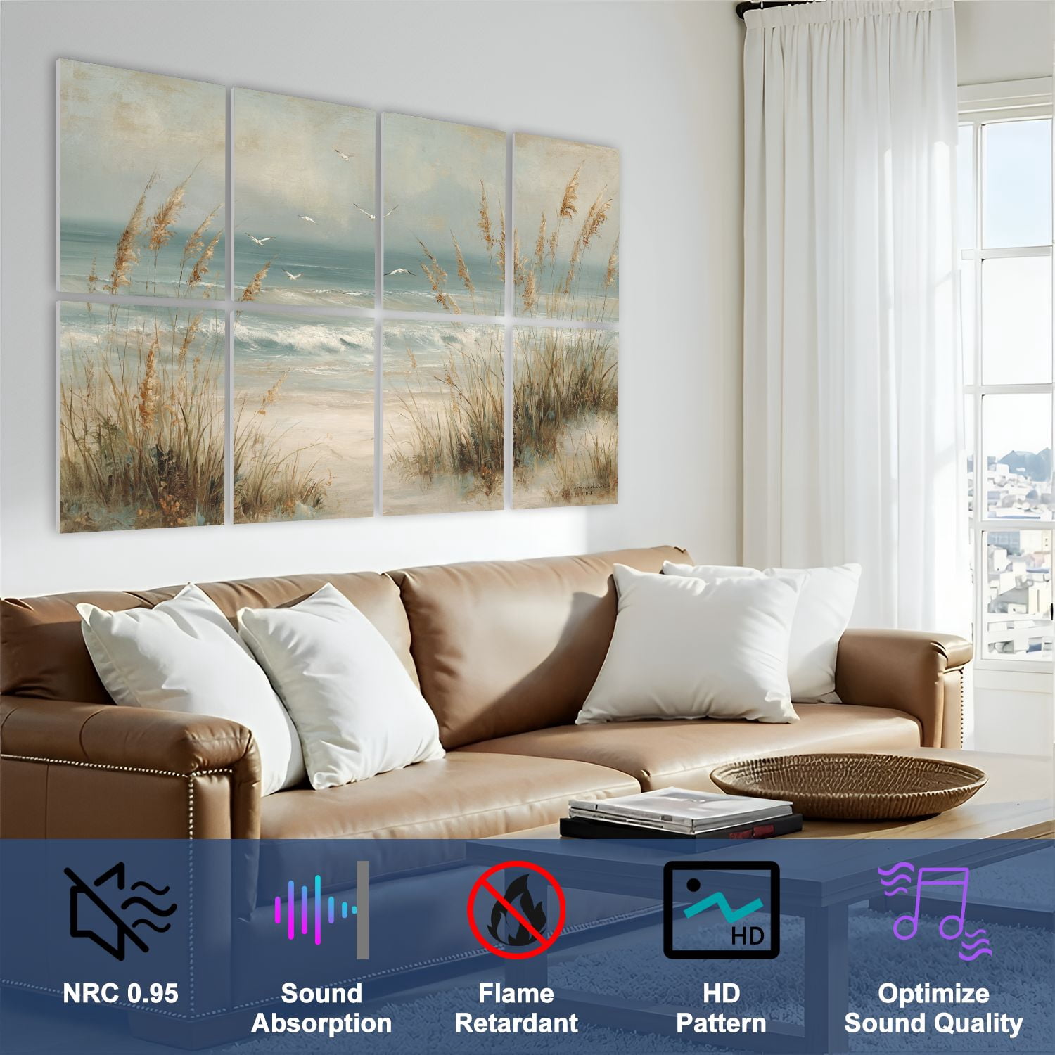 Coastal 8 Pack Art Acoustic Panels Sound Absorbing Serene Ocean Shore Dunes Seagulls Decorative Soundproof Wall Panels Self Adhesive for Nursery Game Room Bedroom 48"x32"