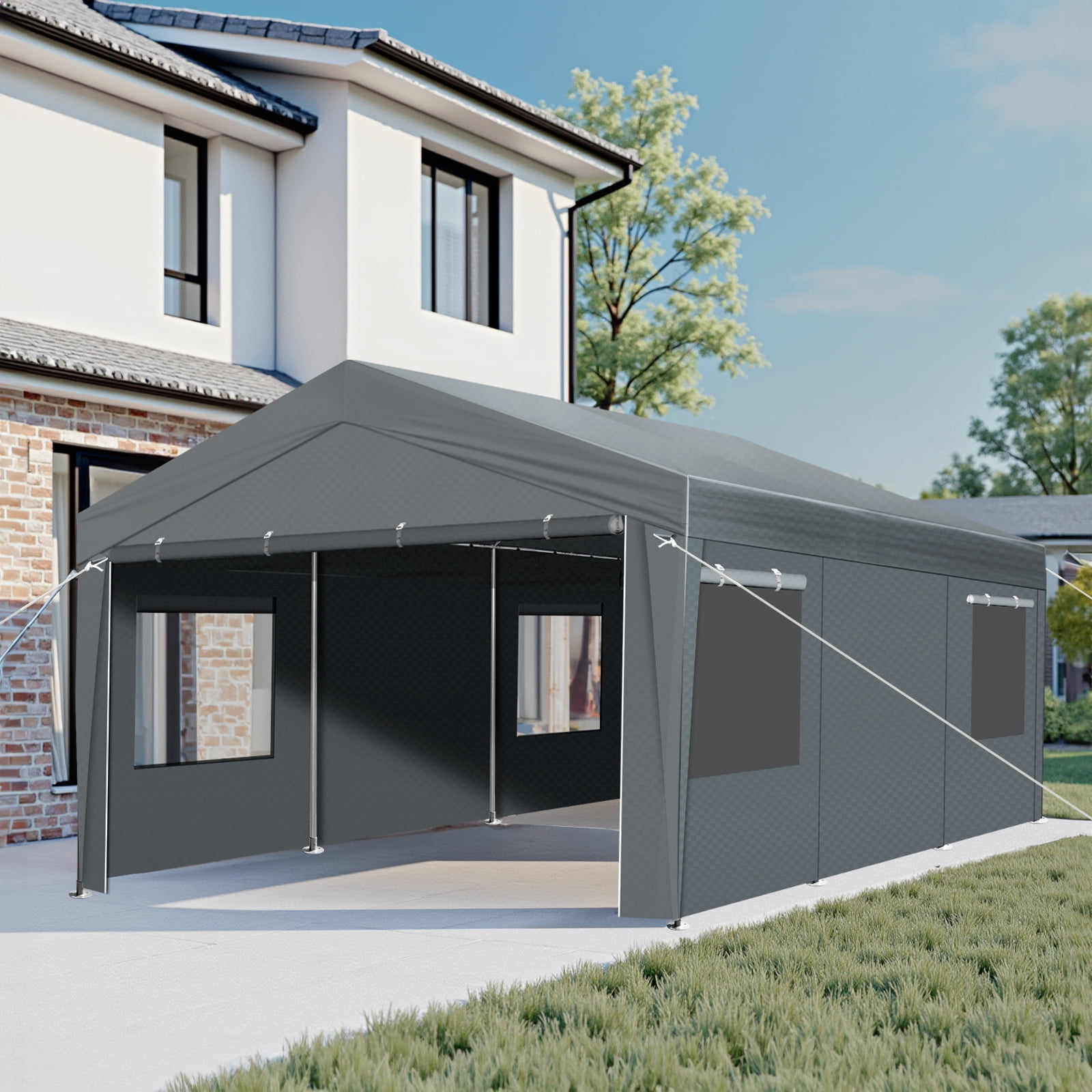 10x20FT Grey Carport Canopy - Heavy-Duty Steel Frame & UV-Resistant PE Cover for Driveways, Gardens, Outdoor Events, Vehicle Protection