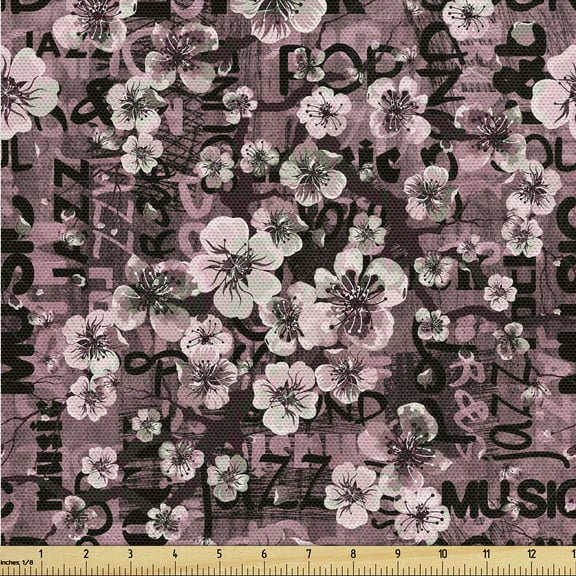 Ambesonne Floral Design Fabric by the Yard Upholstery, Music Sound Writing, 3 Yards, Pale Pink Charcoal Grey