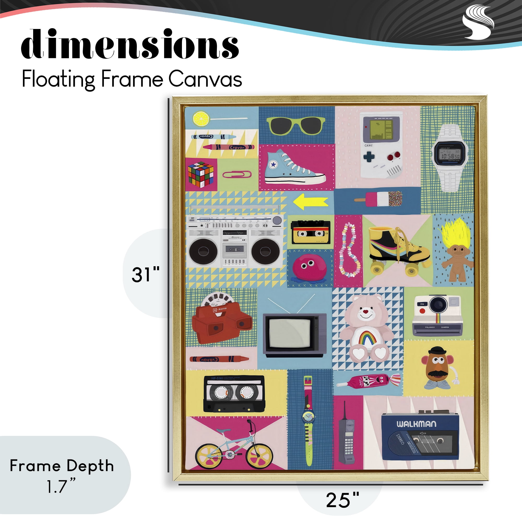 Stupell Industries Retro 80's Patchwork Collection Gold Framed Floater Canvas Wall Art, design by Hanna Melin